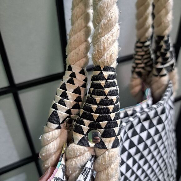 Boho tote bag black white multicolor geometric design rope handle pink interior - Picture 6 of 8